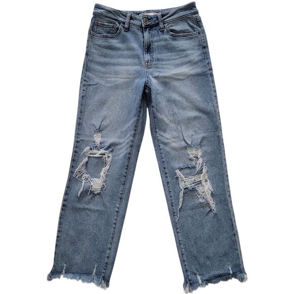 SO High Rise Baggy Straight Jeans Distressed Ripped Raw Hem Medium Wash Denim 5 - Picture 1 of 13